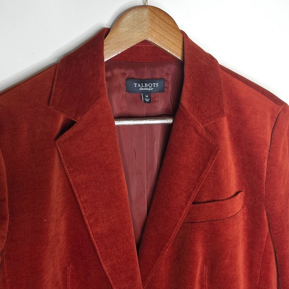 Talbots Blazer Women 14 Rust Orange Velvet Corduroy One Button Professional Fall - Picture 3 of 10